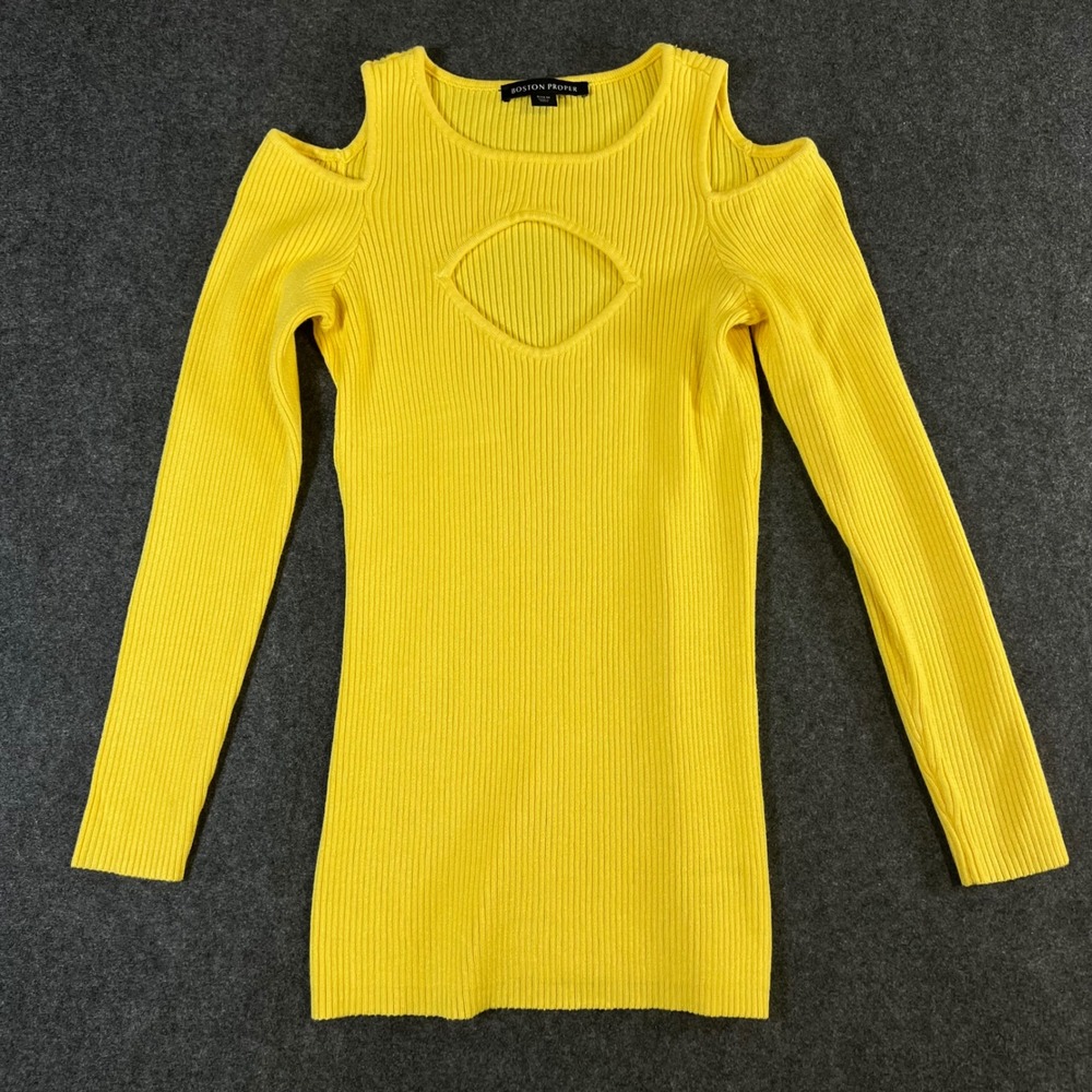 Boston Proper Yellow Cold Shoulder Ribbed Keyhole Cutout Sweater Womens Size M